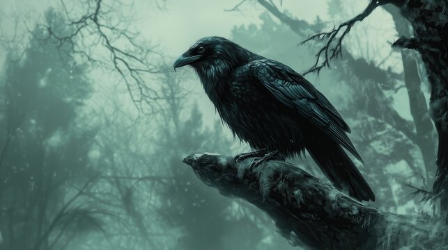 A black crow is perched on a tree branch in a dark forest. Scene is eerie and mysterious, as the crow is the only visible creature in the scene