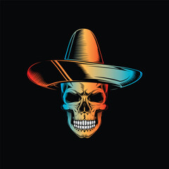 Skull in a sombrero. Dia De Los Muertos. Original vector illustration in vintage style isolated on black background. T-shirt design.