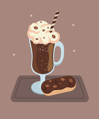 Illustration with Iced Coffee at Chocolate Taste and Eclair 
