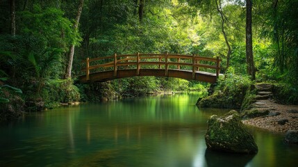 A wooden bridge crossing over a tranquil river in a dense forest, surrounded by lush greenery.