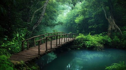 Fototapeta premium A wooden bridge crossing over a tranquil river in a dense forest, surrounded by lush greenery.