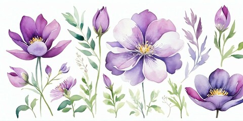 Obraz premium pretty purple theme flowers on pastel white background, concept for banner, watercolor style