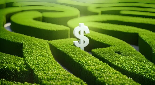 dollar sign in the middle of a green hedge maze