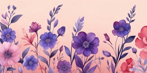 pretty purple theme flowers on pastel red background, concept for banner, watercolor style