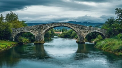 Fototapeta premium An ancient arched stone bridge crossing a river under a cloudy sky.