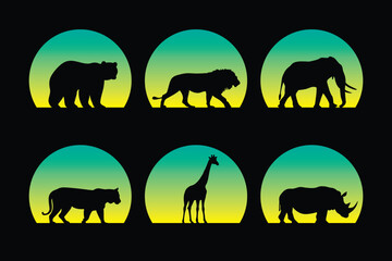 Vector set of animals on retro sunset background.