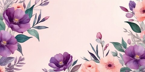 Obraz premium pretty purple theme flowers on pastel pink background, concept for banner, watercolor style