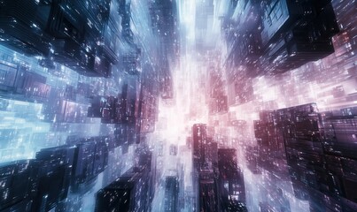 A cityscape with a bright blue sky and a purple and pink hue. The city is filled with tall buildings and the sky is filled with stars. Scene is one of wonder and awe