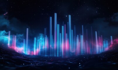 Fototapeta premium A cityscape with tall buildings and a blue sky. The sky is filled with stars and the buildings are lit up in neon colors. Scene is futuristic and vibrant