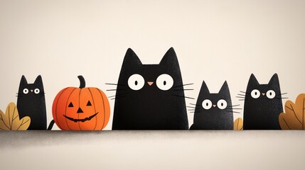 Halloween Cats and Pumpkin: Quirky black cats with wide eyes peek over a surface, flanking a friendly carved pumpkin. A whimsical illustration for Halloween greetings or autumnal designs.