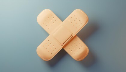 A close-up of crossed adhesive bandages on a blue background, symbolizing care and healing in medical contexts.