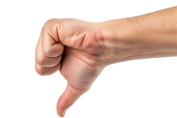 Female hand showing thumb down sign. Isolated on white background.