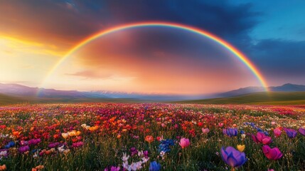 Illustration Panoramic view of colorful rainbow arching over colorful flower fields during beautiful sunset. Ai generated image