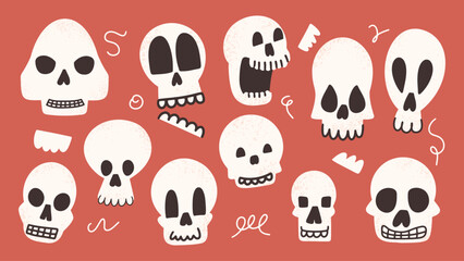 Funny different hand drawn skulls set. Halloween graphic elements. Vector illustration.