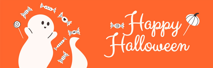 Happy Halloween vector banner with cute ghost and candy.