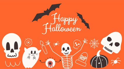 Happy Halloween greeting background. Funny hand drawn vector illustration. Festive banner.