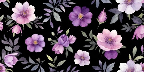 pretty purple theme flowers on pastel black background, concept for banner, watercolor style