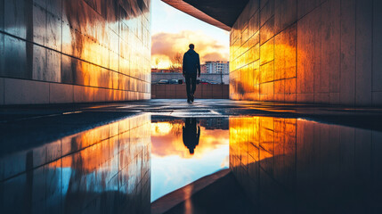 Silhouette of a man walking through a modern concrete corridor during sunset with a symmetrical reflection on the puddle.