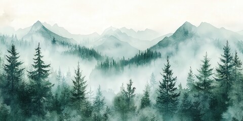 Fototapeta premium A serene watercolor painting of a misty forest with towering trees and distant mountains, creating a tranquil and dreamy atmosphere perfect for nature-inspired designs, wall art, or calming visual pro