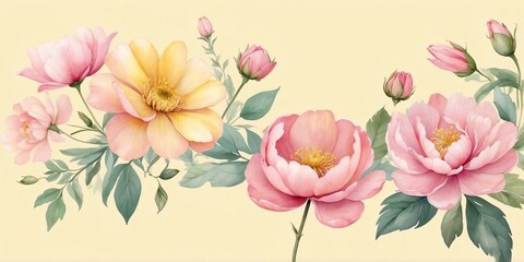 Fototapeta premium pretty pink theme flowers on pastel yellow background, concept for banner, watercolor style