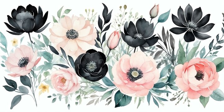 pretty pink theme flowers on pastel white background, concept for banner, watercolor style