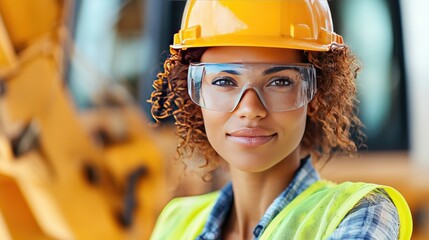 Confident female construction worker smiling with safety gear in front of heavy machinery, showcasing professionalism and strength.