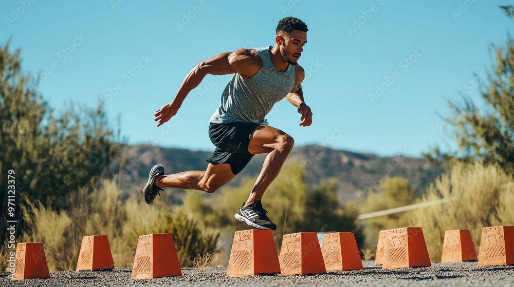 Poster A man in a tank top and black shorts is jumping over an obstacle course.