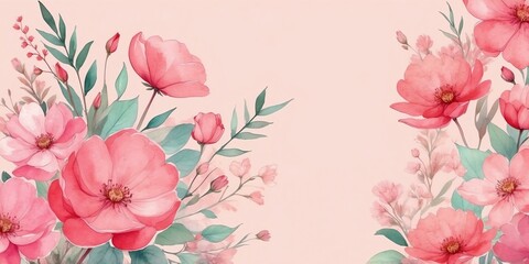 Fototapeta premium pretty pink theme flowers on pastel red background, concept for banner, watercolor style