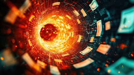 Fototapeta premium Dynamic digital tunnel filled with glowing particles and flowing currency, symbolizing financial transactions and innovation.