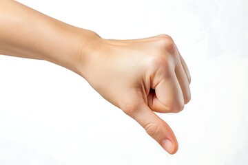 Female hand showing thumb down sign. Isolated on white background.