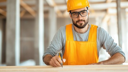 Focused construction worker in a hard hat and glasses, taking notes on a wooden plank at a building site.