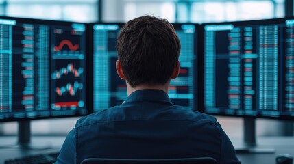 Focused professional analyzing market trends on multiple screens in a modern office environment.
