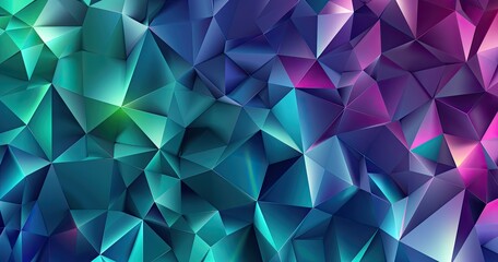 A vibrant abstract geometric design featuring a blend of blue, purple, and green triangular shapes.