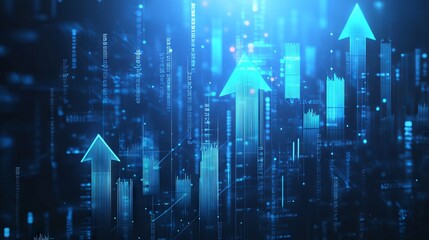 Blue Background with Upward Arrows and Growing Stock Market Graphs. AI generated illustration