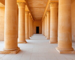 Fototapeta premium Serene corridor lined with ancient columns, showcasing architectural beauty and historical significance in warm tones.