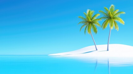 Fototapeta premium Serene tropical paradise with palm trees, crystal-clear water, and a bright blue sky, perfect for summer relaxation and getaway.