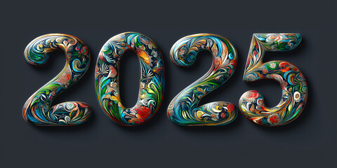 The numbers "2025" in large, bold numbers made of colorful, intricate patterns and designs, symbolizing the year's theme for the New Year celebration on a flat background. 