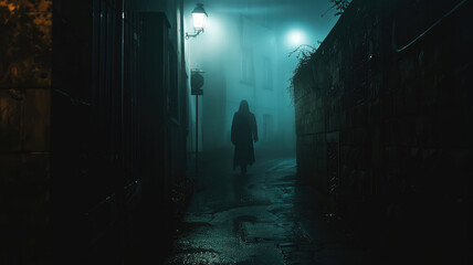 Fototapeta premium Eerie foggy alley with ghostly figure and flickering streetlights in a dark deserted town