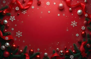 Festive image displays a vibrant red background adorned with Christmas decorations, such as...