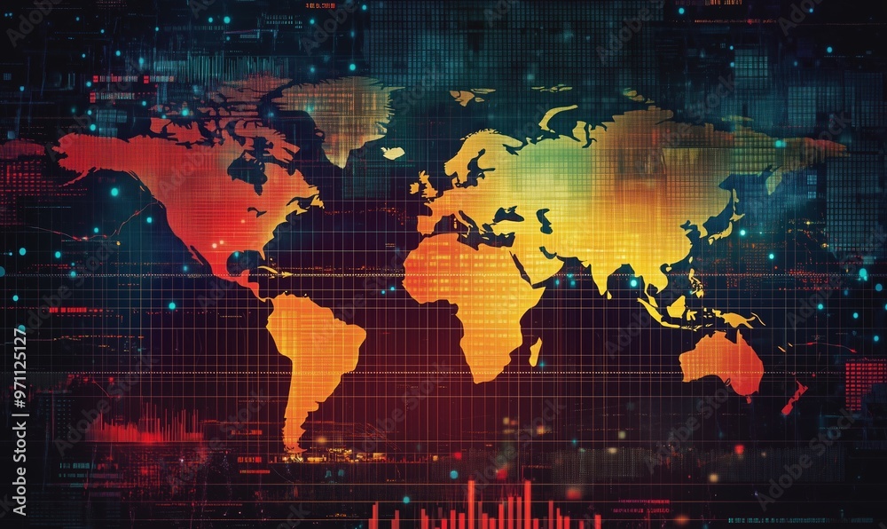 Poster a colorful world map with a red and yellow border. the map is filled with lines and dots, giving it 