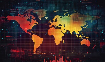 A colorful world map with a red and yellow border. The map is filled with lines and dots, giving it a busy and chaotic appearance. The colors and patterns suggest a sense of movement and energy