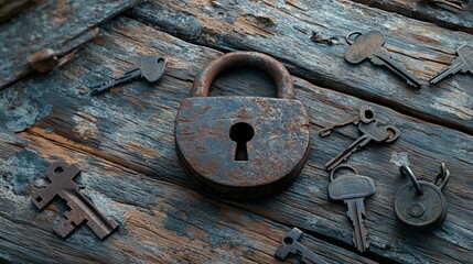 Rustic Padlock and Keys on Wooden Background with Scattered Old Lock Pieces. AI generated illustration
