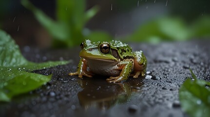 Obraz premium The frog gets wet in the rain , in forest. generative.ai