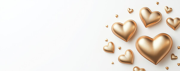 Obraz premium Elegant golden hearts arranged artfully on a white background, perfect for romantic and festive themes.