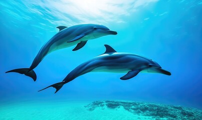 Two dolphins swim gracefully in a vibrant blue ocean, showcasing the beauty of marine life and underwater exploration.