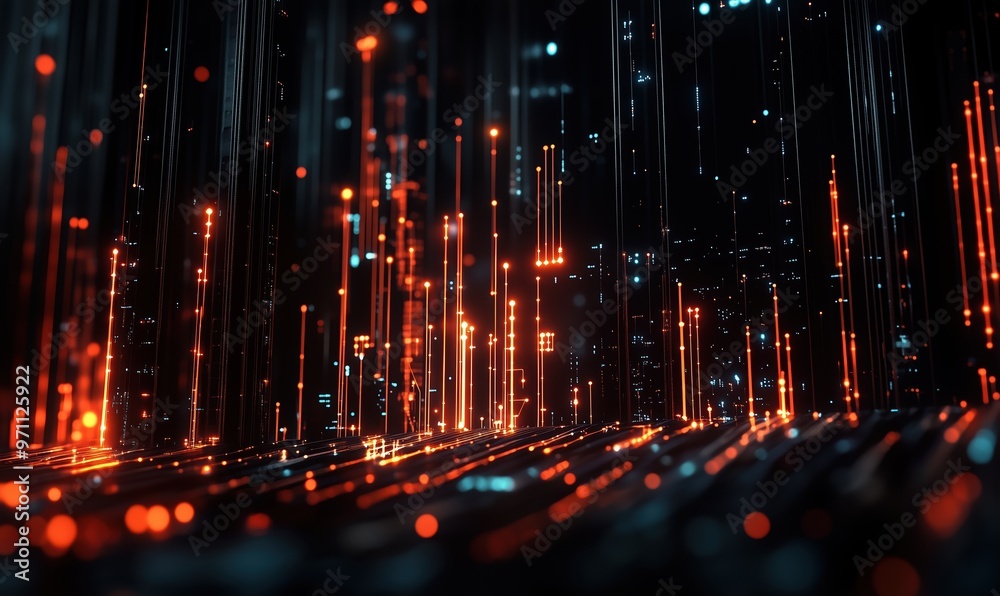 Wall mural a computer generated image of a cityscape with many bright orange lines. the image has a futuristic 