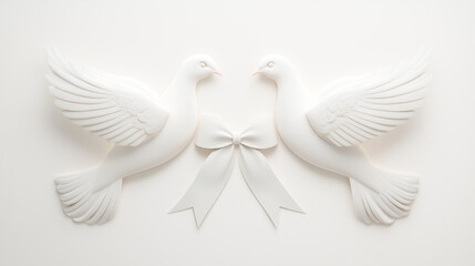 Fototapeta premium Elegant white doves with outstretched wings and a delicate bow, perfect for symbolizing love and harmony in any design.