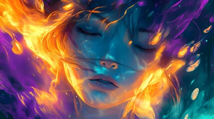 Fototapeta premium Captivating Ethereal Anime-Inspired Portrait in Warm and Cool Tones
