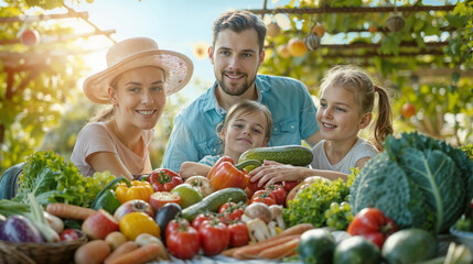 In this lovely moment, a joyful family is happily posing together for a picture in front of a table that is brimming with fresh vegetables