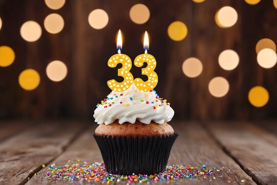 33rd birthday cupcake with whipped cream, sprinkles, candles, and number 33, on wooden background with bokeh lights